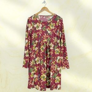 Boutique Floral Waffle Knit Long Sleeve Babydoll Dress Women’s M (8) Tuscan Red